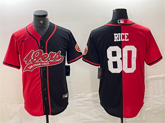 Men's San Francisco 49ers #80 Jerry Rice Red/Black Split With Patch Cool Base Stitched Baseball Jersey Men's San Francisco 49ers #80 Jerry Rice Red/Black Split With Patch Cool Base Stitched Baseball Jersey